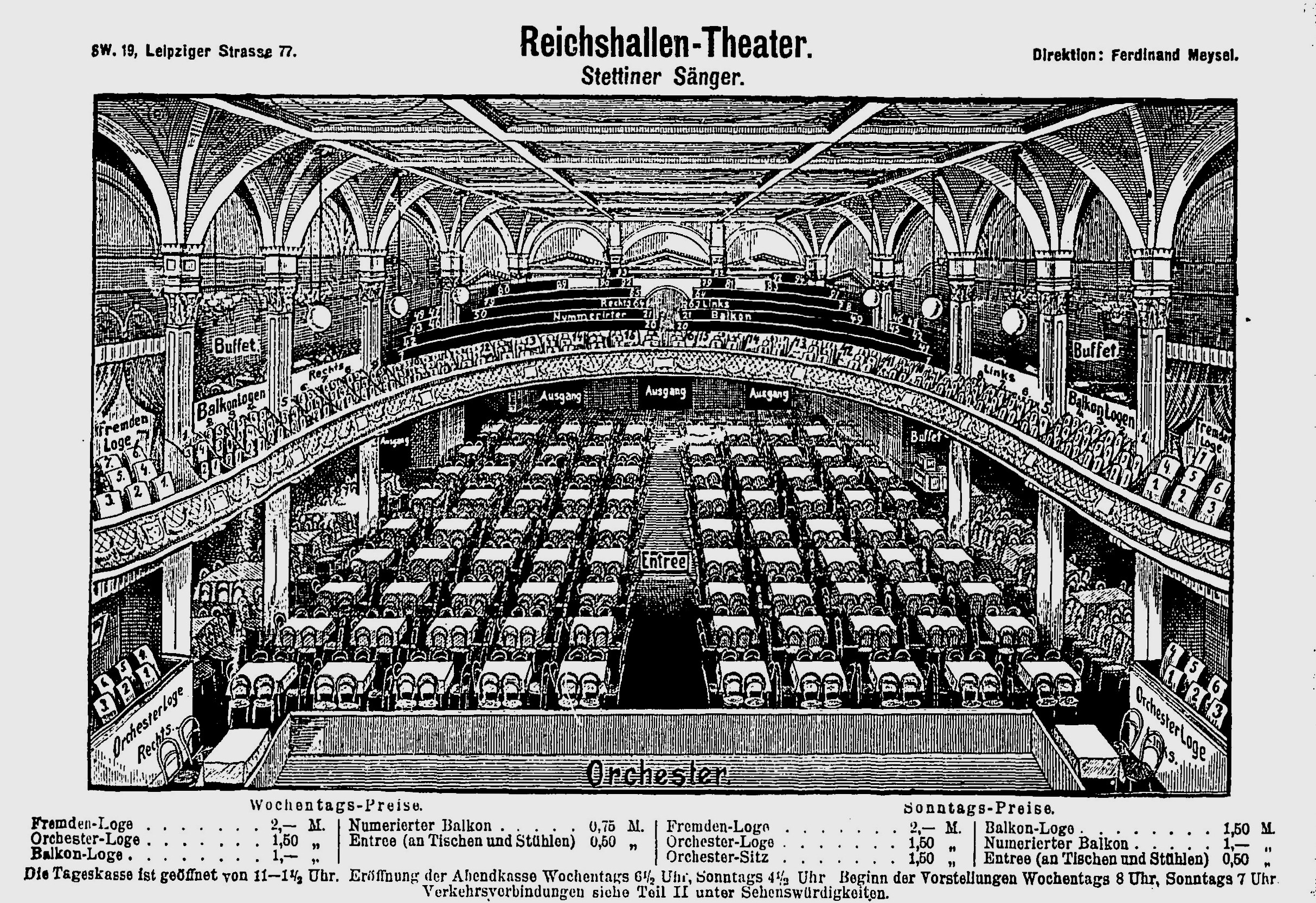 Schwarzer und weißer Architekturplan des Reichshallen-Theaters in Berlin, der den Zuschauerraum mit Sitzreihen, Säulen und Decke zeigt, mit Text unten.