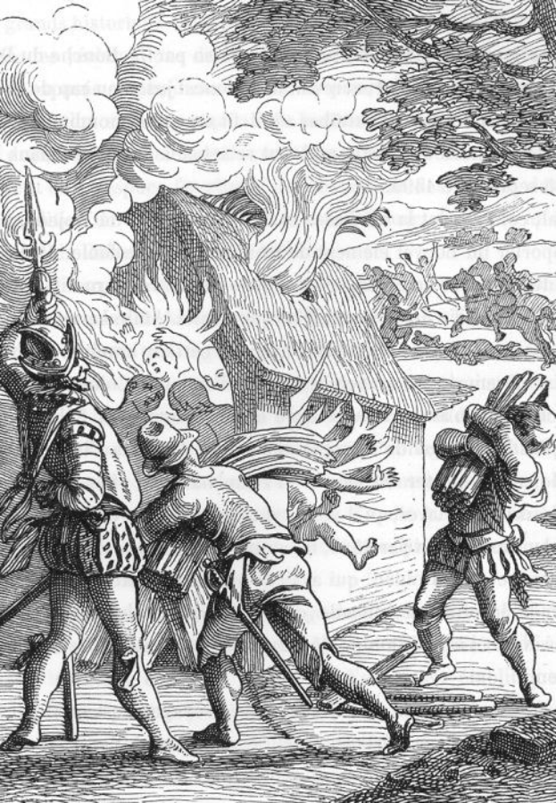 Schwarz-weiß-Radierung von Männern im Mittelalterkleidung aus dem 16. Jahrhundert, einer mit einem Schwert, vor einem brennenden Haus und Rauch im Hintergrund.