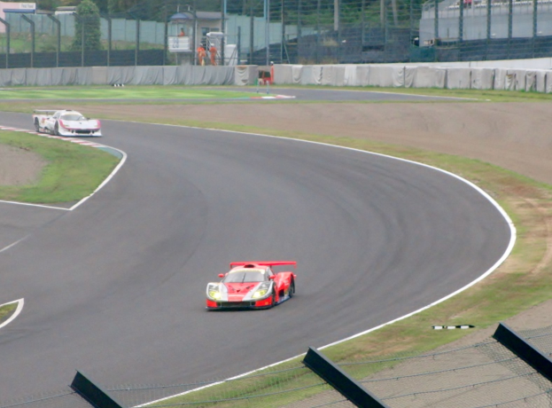 Zwei Sportwagen auf einer von Gras umgebenen Rennstrecke mit Maschendrahtzaun, Pfählen, Bäumen und Gebäuden