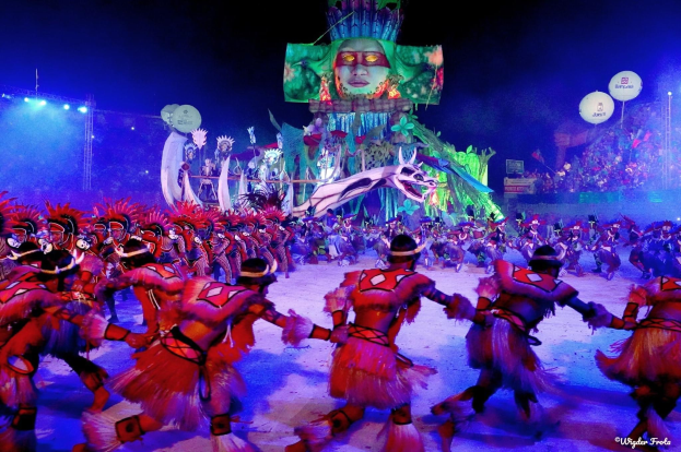 Eine Gruppe von Menschen in bunten Kostümen tanzt auf einer Bühne vor einem sitzenden Publikum, mit Lichtern, Polen und Ballons, und ein Bildschirm zeigt im Hintergrund eine Person, während des Karnevals in Rio de Janeiro 2014.
