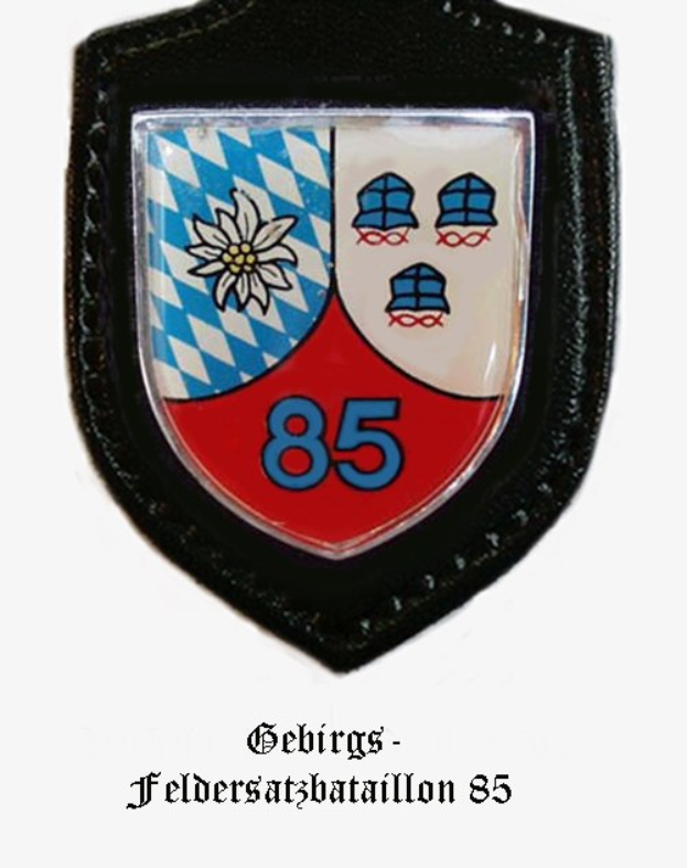Ein rundes Abzeichen mit der Nummer 85 und dem Logo von FC Bayern München, darunter deutscher Text.