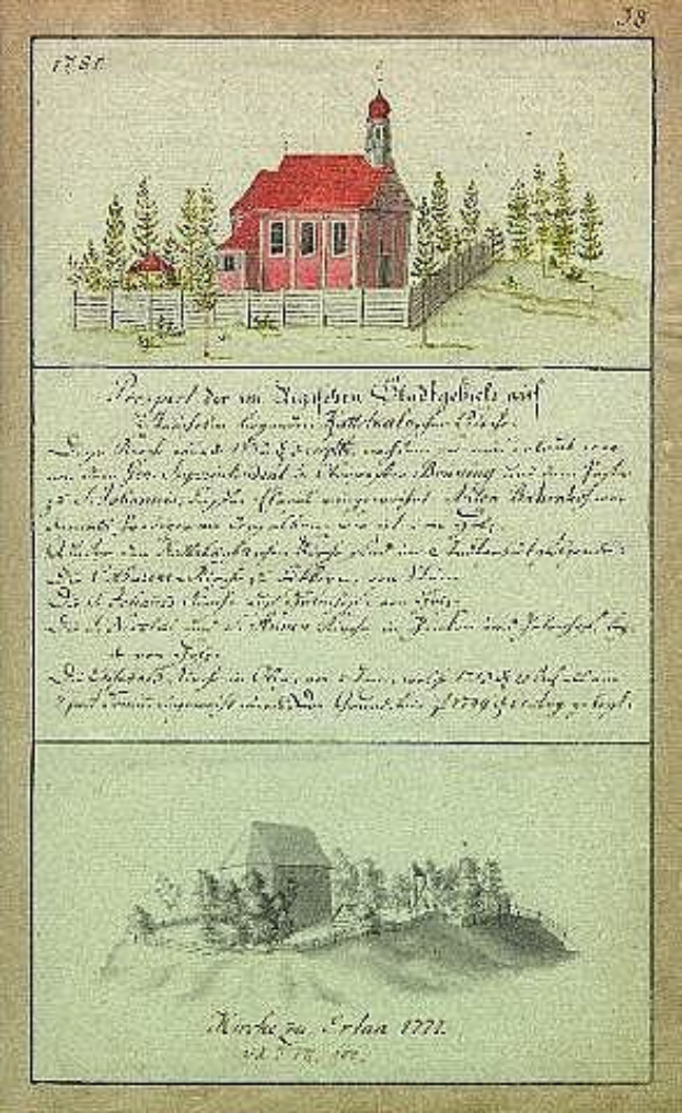 Altes Buch mit einer Illustration eines roten Hauses, umgeben von Bäumen und einem Zaun, betitelt 'Deutsche Schule in den Niederlanden, 1777'.