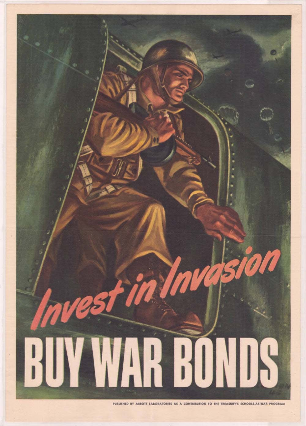 Plakat mit einem Soldaten in einem Helm und einer Militäruniform, der eine Waffe hält, mit der Aufschrift "Investiere in die Invasion, Kaufe Kriegsanleihen" darüber, das Entschlossenheit vermittelt.
