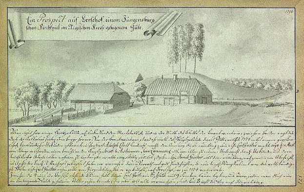 Ein vergilbtes historisches Dokument mit der Aufschrift "Surgensburg, Deutschland - Landschaft eines Hofs", das eine ländliche Szene mit einem Bauernhof, umgeben von Häusern, Bäumen und einem Himmel zeigt.