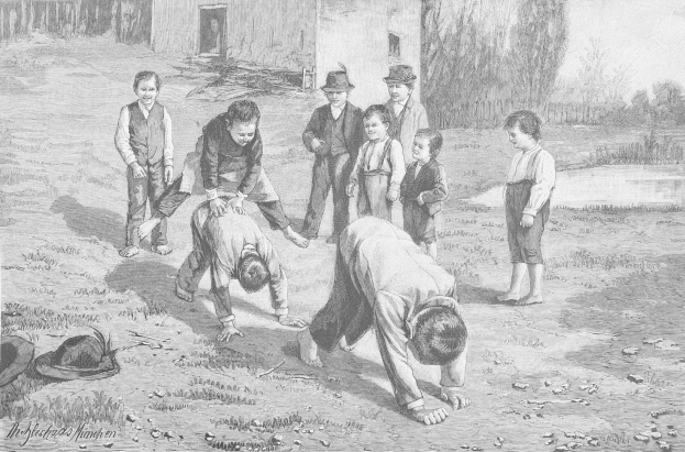 Schwarz-weißes Bild von Kindern, die auf einem Feld spielen, mit zwei Jungen, die in der Mitte kämpfen, während die anderen zusehen, und einem Hut und Text auf der linken Seite.