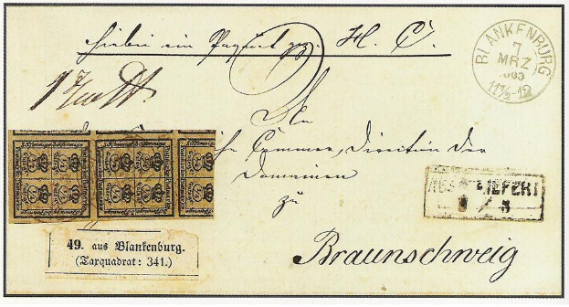 Alte deutsche Postkarte mit einer Marke von 1772-1839, beschriftet mit "Braunschweig" und numeriert mit "1", in sehr gutem Zustand.