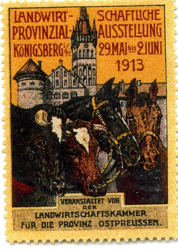 Deutscher Briefmarke aus dem Jahr 1913 mit drei Kühen und einem Schloss, auf dem "Landwirtschaftskammer" gedruckt ist.