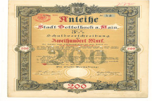 Ein altes deutsches Aktienzertifikat mit einem Porträt eines Mannes, mit darauf gedrucktem Text und numerischen Werten.