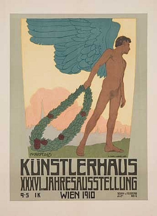Deutsches Propagandaplakat aus dem Jahr 1910 für das Künstlerhaus Wien mit einem geflügelten Mann in einem Kranz, mit ausgestreckten Armen und kräftiger Schrift sowie leuchtenden Farben.