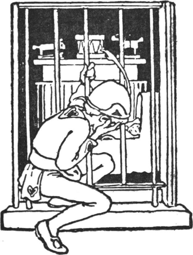 Schwarze und weiße Zeichnung eines Mannes in einer Zelle mit Uniform, der entschlossen durch ein Fenster im Hintergrund schaut.