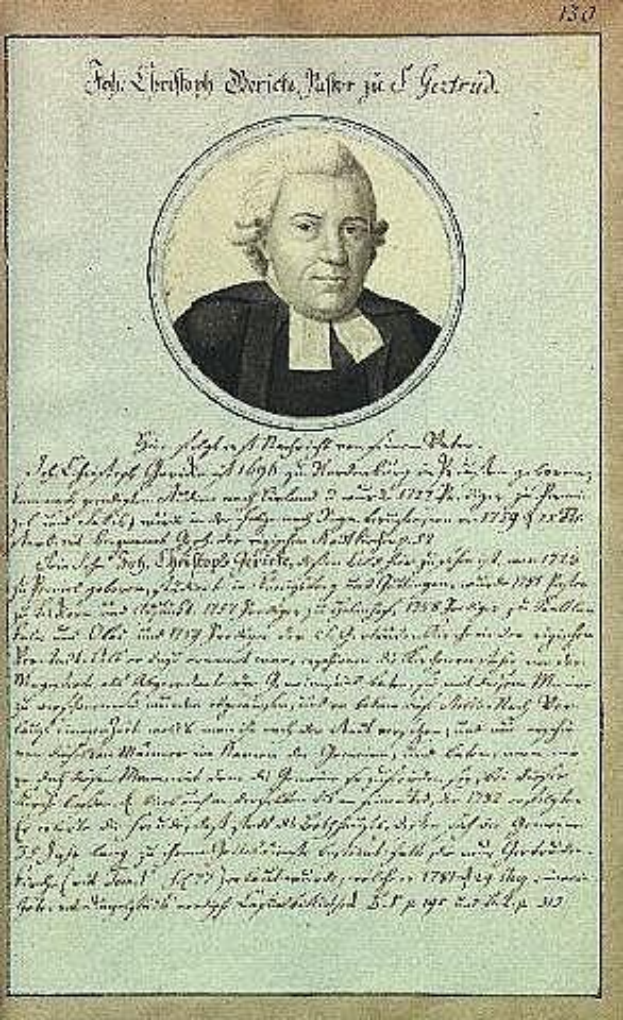 Schwarz-weißes Bild eines alten Dokuments aus dem Jahr 1789 mit einem Portr"at von Johann Wolfgang von Goethe in einer schwarzen Robe.
