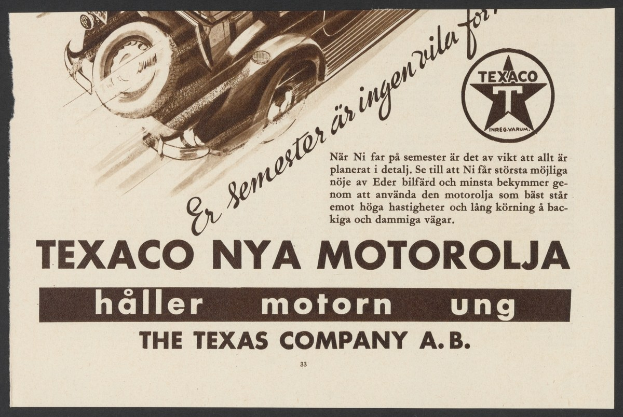 Werbung für die Texas Company A.B. Motorola mit einem Auto in der Mitte und Text drumherum.
