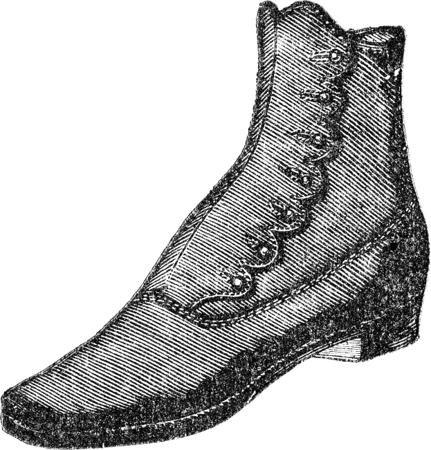 Schwarze und weiße Zeichnung klassischer Stiefel mit gerundeten Zehen, niedrigen Absätzen und detaillierten Schnürsenkeln, die in einer ordentlichen Schleife gebunden sind.