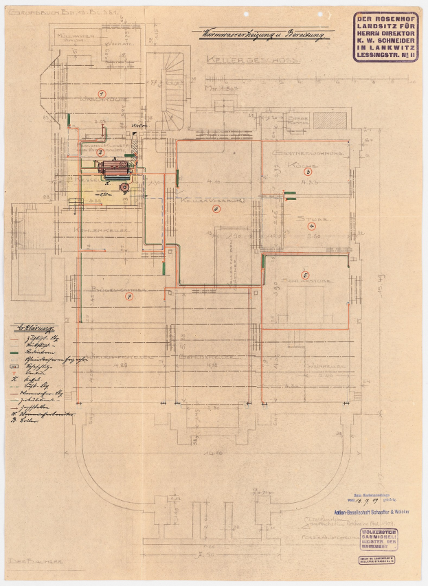 Schwarz-weißer Architekturentwurf des Rosenhof-Krankenhauses in Hamburg, Deutschland, mit detaillierten Grundrissen, beschrifteten Räumen, Fluren und elektrischen Leitungen.