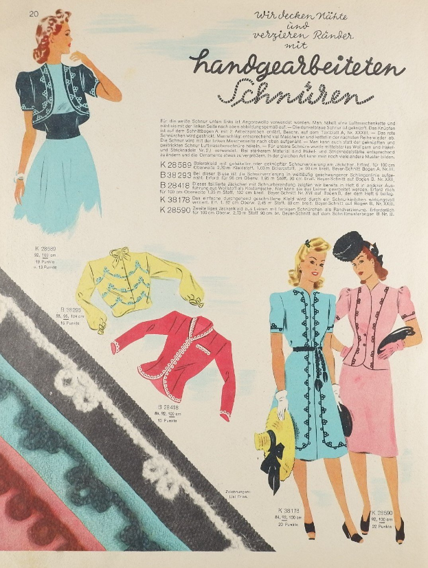 Eine Anzeige aus einem Modejournal der 1950er Jahre mit einer Frau in einem Kleid und Hut, mit Bildern von Frauen und beschreibendem Text über die Mode der 1950er Jahre.