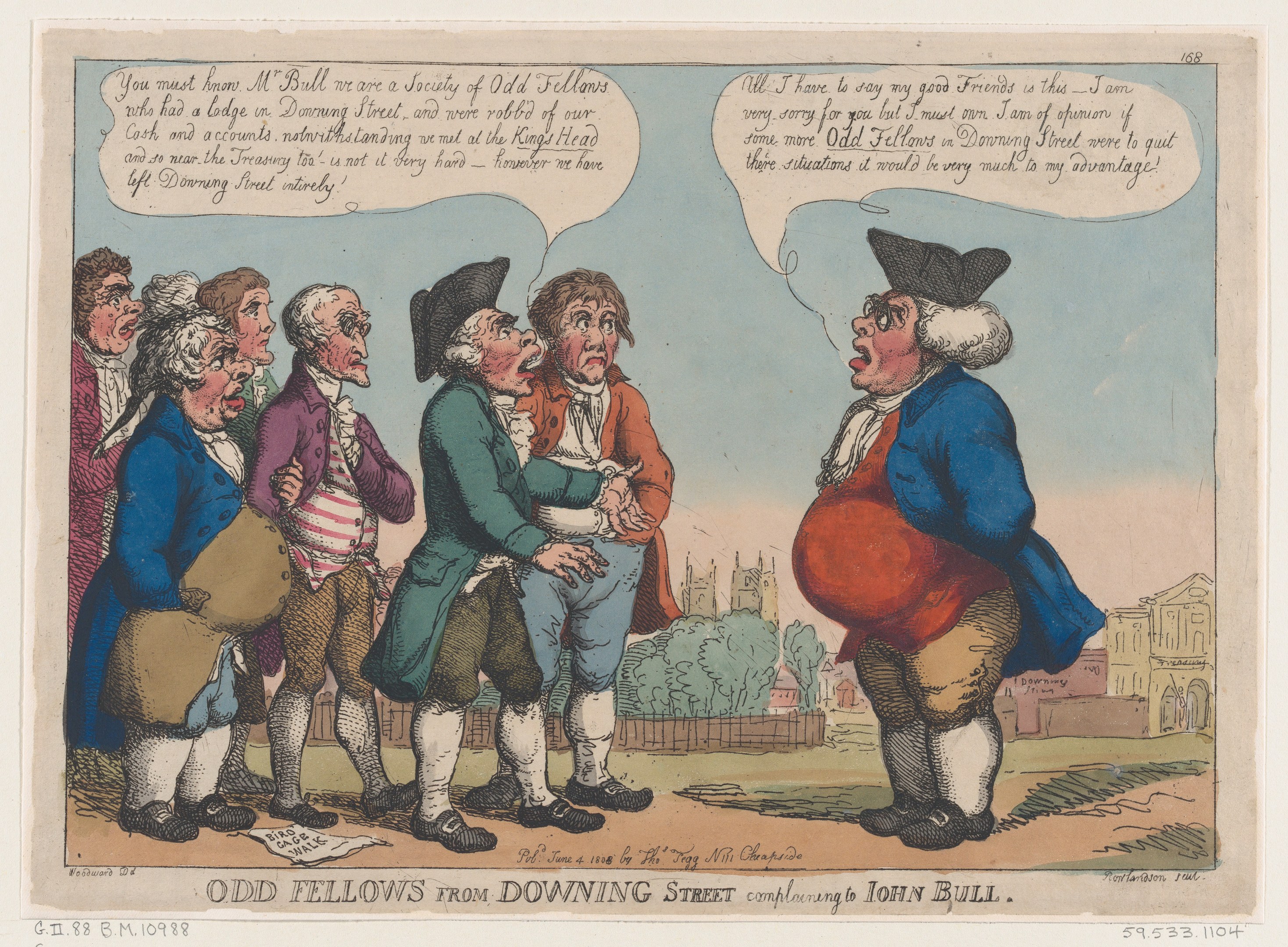 Cartoon illustration of people standing in front of a building with trees and sky, labeled 'odd fellows from downing street complaining to John Bull' at the bottom.