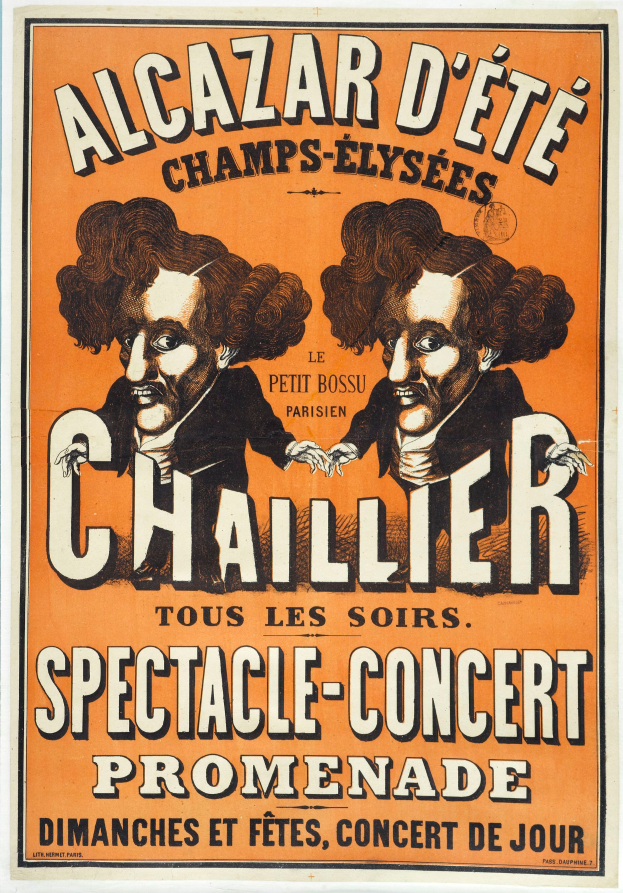 Ein Plakat, das ein Spektakelkonzert mit zwei Männern in Anzügen ankündigt, die ernst dreinschauen und nebeneinanderstehen, während sie in die Ferne blicken, mit fetter Schrift.