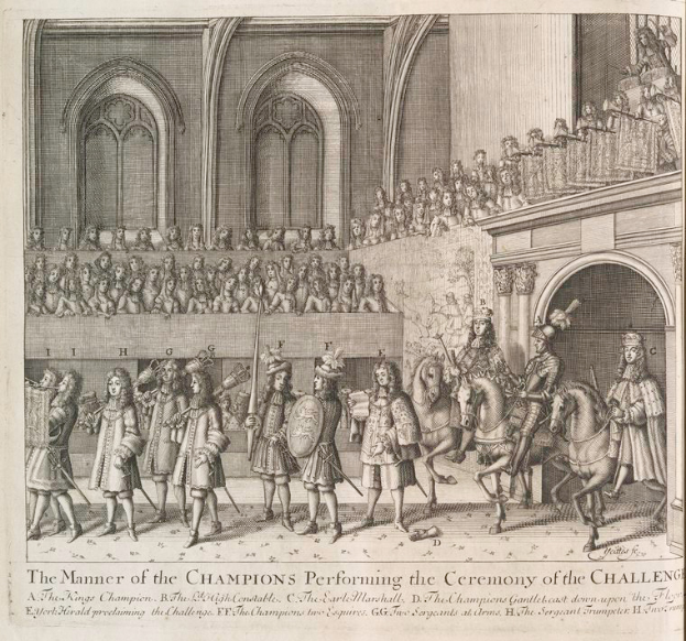 Eine Zeichnung einer Gruppe von Menschen, einige zu Pferd, vor einer Menge und einem Gebäude, mit Text darunter, der "Die Art und Weise der Champions bei der Zeremonie der Herausforderung" liest.