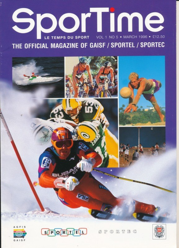 Titelbild von *Sporttime Magazine* (März 1996) mit Skifahren und Snowboarden-Imagery mit Text und Logos.