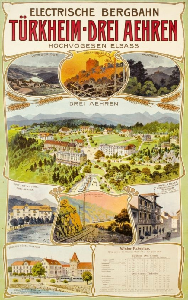 Plakat bewirbt Bergbahn, Deutschland als elektrisches Stadt, zeigt Bilder von Gebäuden, Bäumen, Hügeln und Text.
