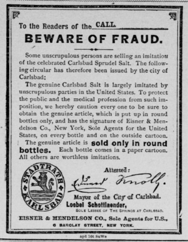 Ein Schwarz-Weiß-Plakat mit einer Betrugswarnung, das den Text 'Carlsbad Spruud Salt' und ein Firmenlogo enthält.