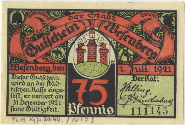Eine alte deutsche Banknote mit einem Gebäude darauf, der Text "Bundesliga" und ein Logo unten, vor einem weißen Hintergrund.