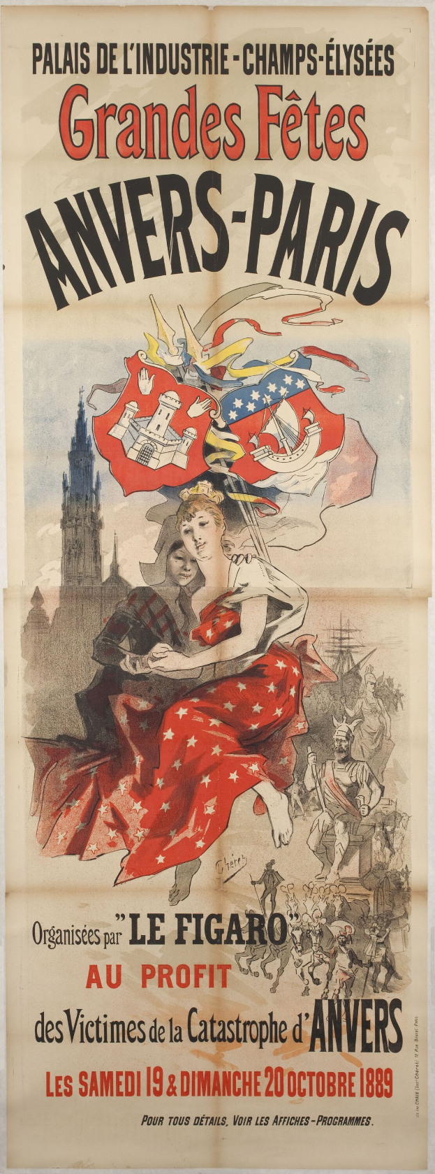 Plakat für die Grandes Fêtes Annivers-Paris mit einer Frau in rotem Kleid und einem menschlichen Gesicht in der Mitte sowie Text mit Veranstaltungshinweisen.