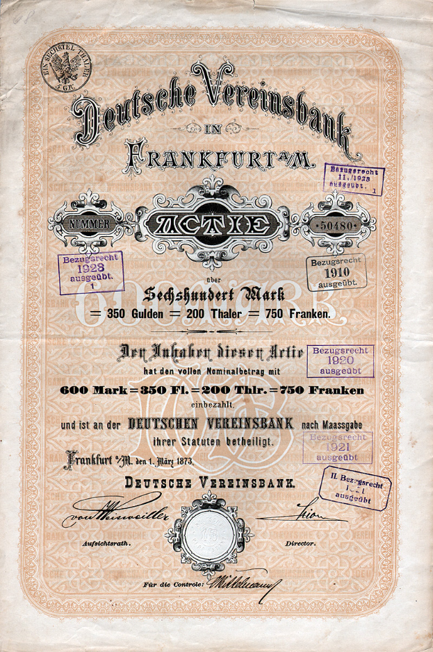 Ein altes deutsches Aktienzertifikat, das von der Deutschen Vereinsbank in Frankfurt, Deutschland, ausgegeben wurde und auf Papier gedruckt ist.
