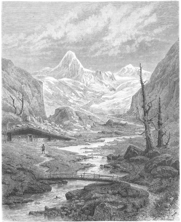 Schwarze und weiße Gravur einer Berglandschaft mit einem Fluss, einer Brücke, einer Person, Bäumen, Hügeln und einem wolkenverhangenen Himmel, betitelt "Albert Bierstadt - Schweizer Alpen" unten.