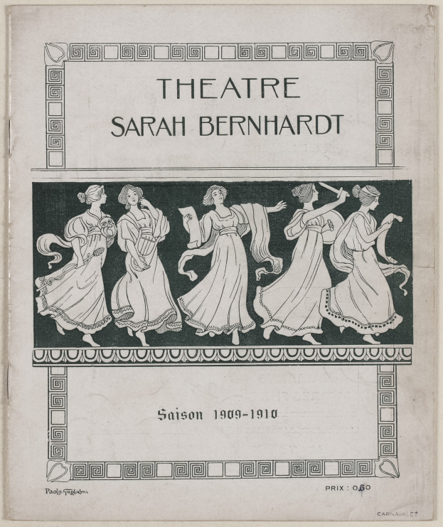 Plakat für das Theatre Sarah Bernhardt von 1909-1910, das eine Gruppe von Frauen in der Mitte zeigt, mit Text, der das Theater und seine Schauspieler beschreibt.