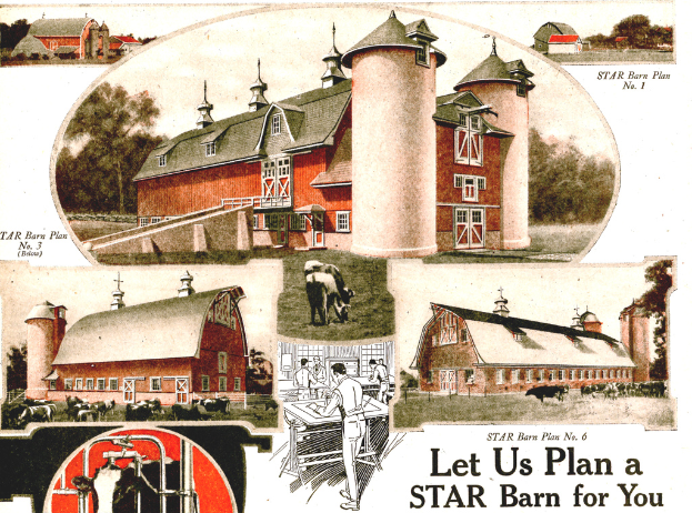 Ein Plakat mit Gebäuden und Kühen, umgeben von Bäumen und einer Beschriftung unten.