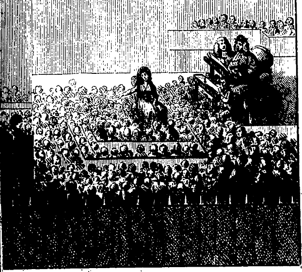 Eine Schwarz-Weiß-Zeichnung einer Menge in einem Theater, mit einigen sitzend und anderen stehend, und Text unten lesend "The New York Times".