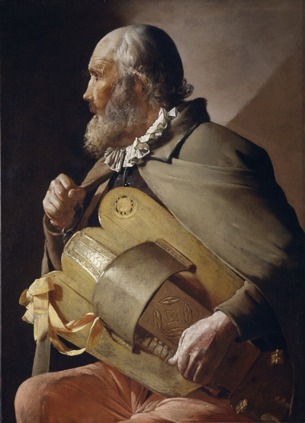 Gemälde von Jean-Honoré Fragonard von einem alten Mann mit Bart, der ein weißes Hemd und dunkle Hosen trägt und konzentriert ein Saiteninstrument spielt.