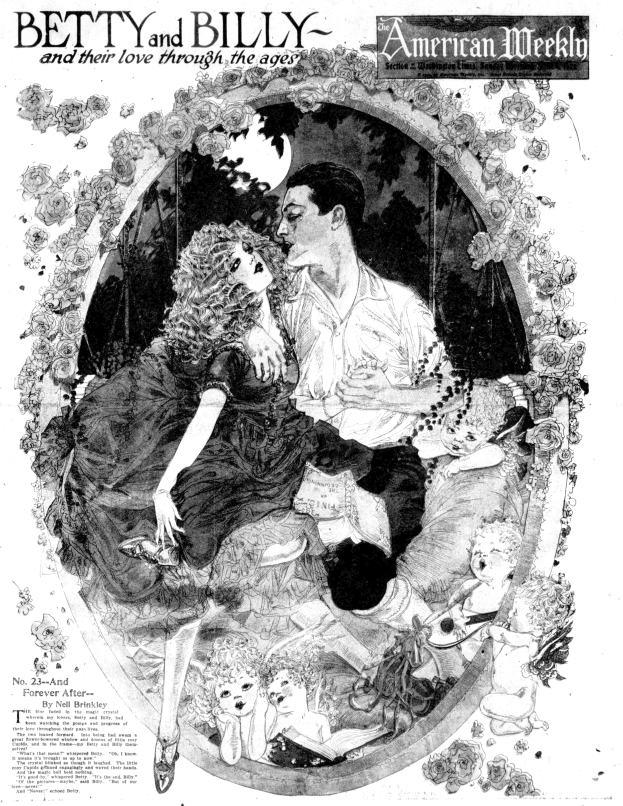 Ein Schwarz-Weiß-Foto eines Mannes und einer Frau in inniger Umarmung, mit der Aufschrift "Betty und Billy und ihre Liebe durch die Jahrhunderte" oben.