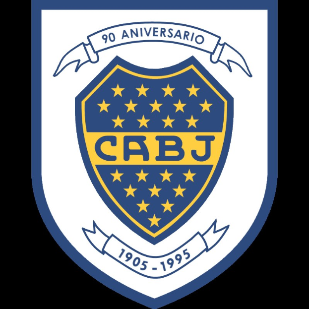 Blau-gelbes schildförmiges Logo des Boca Juniors Fußballclubs mit weißer Umrandung, das eine fette weiße Schrift, einen gelben Stern und "Boca Junio" in kleinerer Schrift darunter enthält.