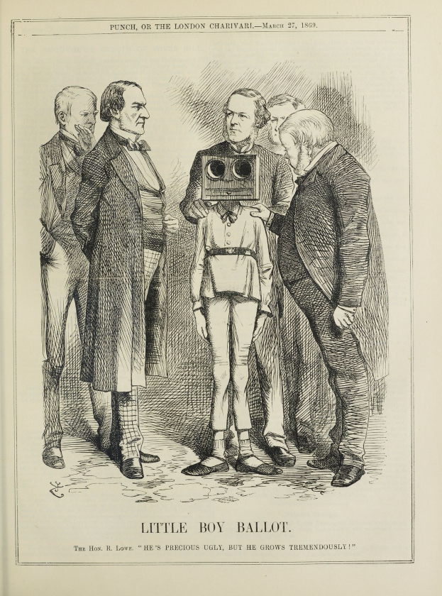 Zeichnung eines kleinen Jungen mit einer Kamera, der von einer Gruppe Menschen umgeben ist, mit der Beschriftung "Kleiner Junge Stimmzettel" unten.