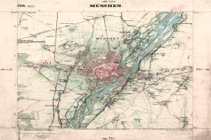 Eine detaillierte Draufsichtkarte von München, Deutschland, die Straßen, Gebäude und Sehenswürdigkeiten zeigt, mit Text oben und unten.