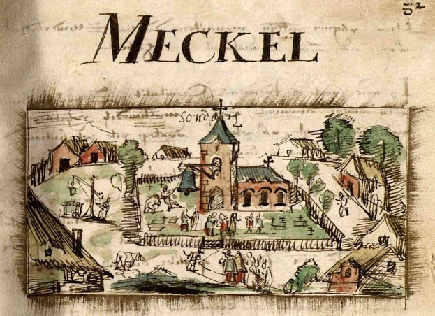 Eine abgenutzte Buchseite mit einer Skizze einer mittelalterlichen Stadt, einschließlich Häusern, Bäumen und Menschen, begleitet von beschreibendem Text.