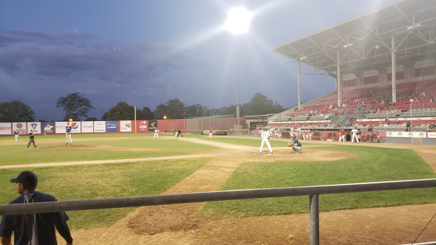 Baseballspiel in einem Stadion mit Zuschauern in den Rängen, Geländer im Vordergrund, Bäume und Stadion-Infrastruktur im Hintergrund unter einem klaren blauen Himmel.