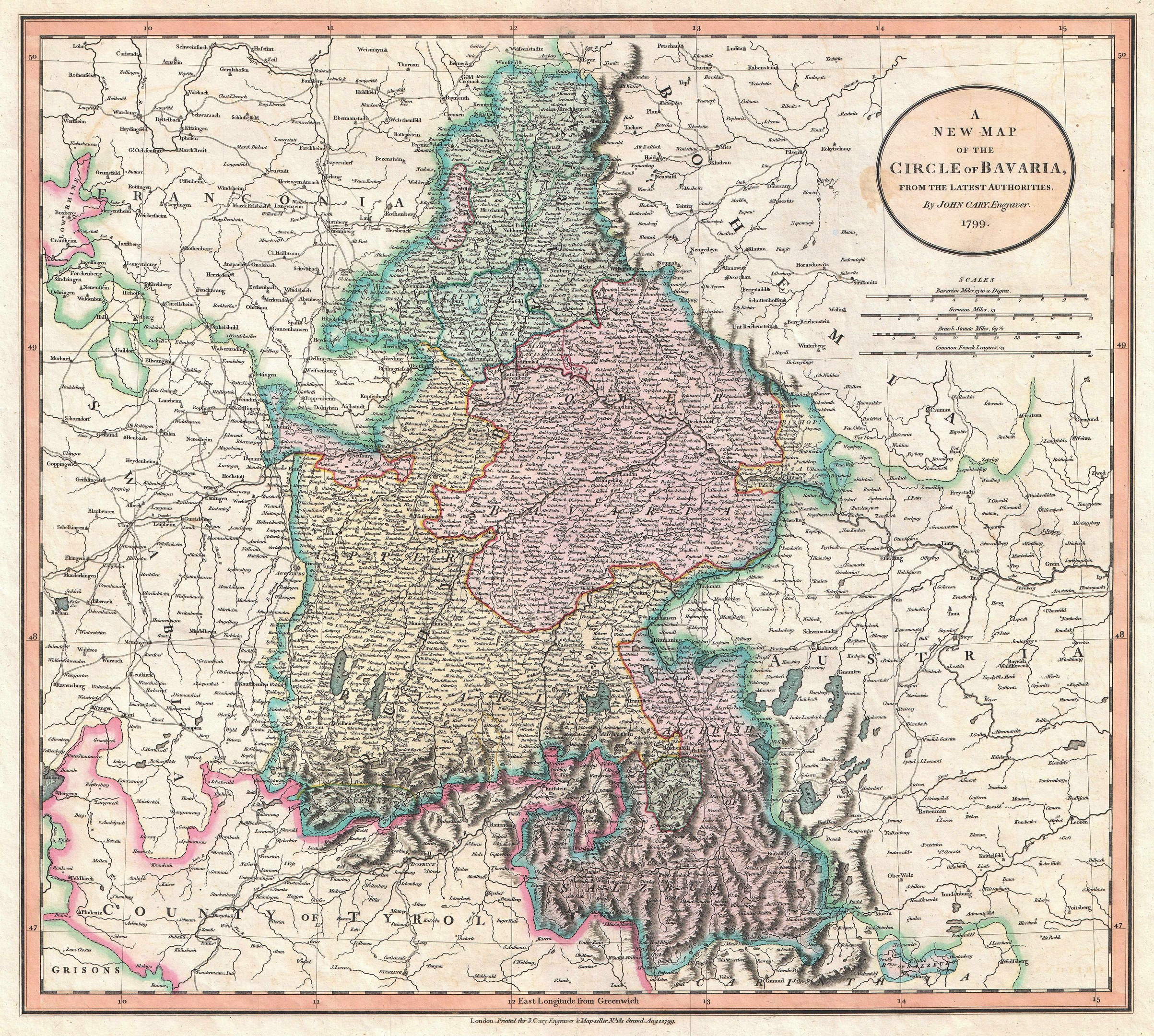 Ein gerahmtes Plakat einer Karte von Bayern, Deutschland, mit umliegenden Provinzen Deutschlands und Österreichs.