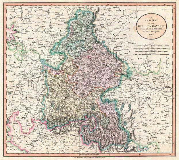 Ein gerahmtes Plakat einer Karte von Bayern, Deutschland, mit umliegenden Provinzen Deutschlands und Österreichs.
