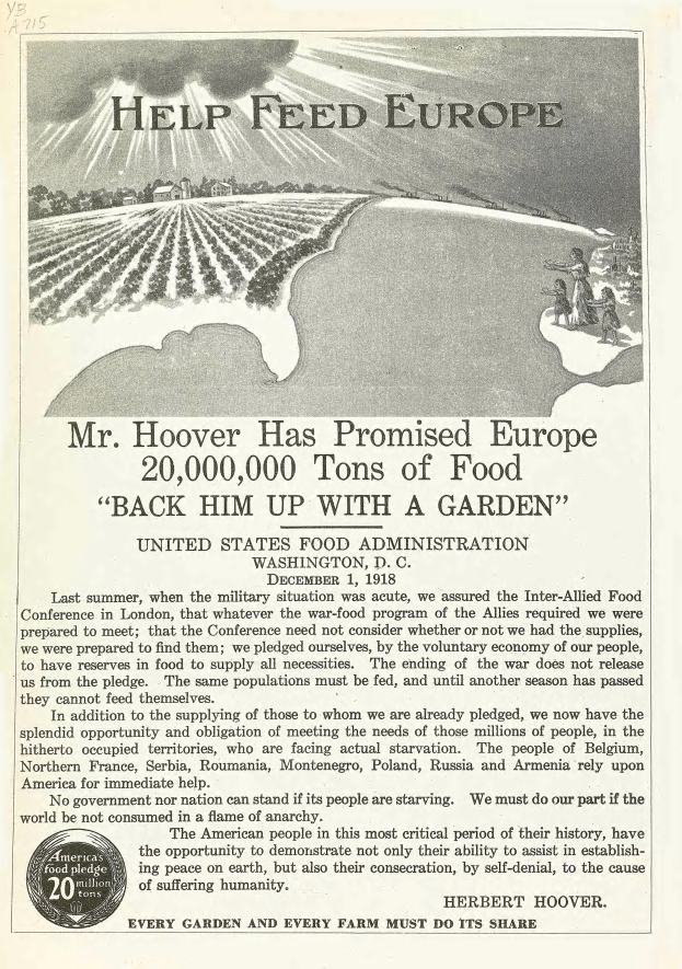 Ein Plakat, auf dem Mr. Hoover verspricht, Europa zu ernähren, mit Text und einem Bild.