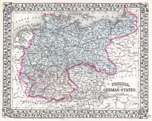 Eine detaillierte Karte von Preußen und den deutschen Staaten, die verschiedene Staaten, ihre Grenzen, wichtige Städte und Gewässer zeigt, mit Text, der zusätzliche geografische Informationen bietet.