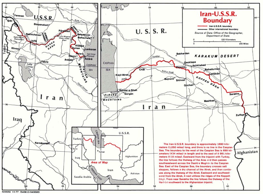 Detailierte Wandkarte des iranisch-sowjetischen Grenzverlaufs mit Ländern, Grenzen, geografischen Merkmalen und zusätzlichen Textinformationen.