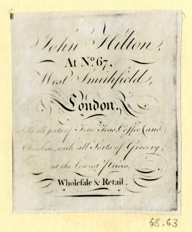 Ein Blatt mit dem Text "John Hilton, No. 67, West Smithfield, London" darauf.