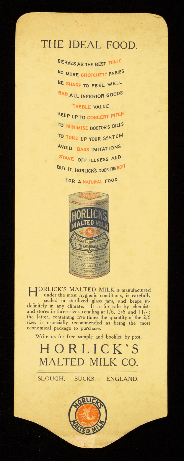 Schwarze und weiße Anzeige für Horlicks Malted Milk Co. auf altem Papier mit Text, der das Produkt beschreibt.
