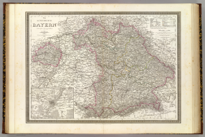 Ein altes Buch mit einer detaillierten Karte von Bayern, die Städte, Ortschaften und geografische Merkmale zeigt, sowie begleitenden Text mit zusätzlichen Informationen.