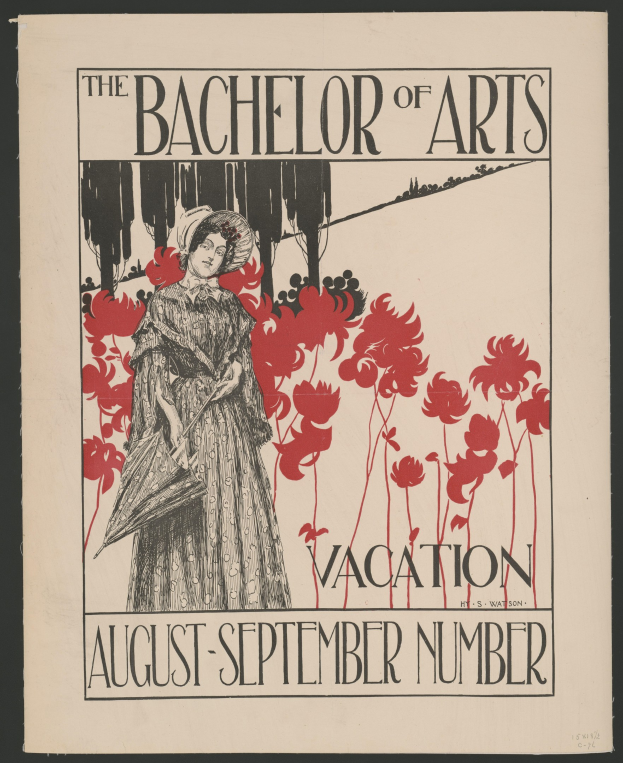 Plakat mit schwarzem Hintergrund, das eine Frau in einem weißen Kleid mit einer blauen Stola und einem weißen Hut zeigt, die in einem Feld gelber Blumen unter einem blauen Himmel steht, mit Text, der "The Bachelor of Arts Vacation August-September Number" in weißer Schrift umgeben von einem goldenen Rahmen liest.