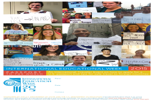 Ein Plakat für die Internationale Bildungswoche 2015, das eine Gruppe strahlender Menschen zeigt, die Schilder halten, mit Text, der eventuelle Informationen enthält.