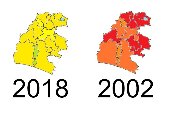 Eine Deutschlandkarte, die die Provinzgrenzen von 2002 und 2018 in Gelb, Rot und Orange auf einem weißen Hintergrund hervorhebt.